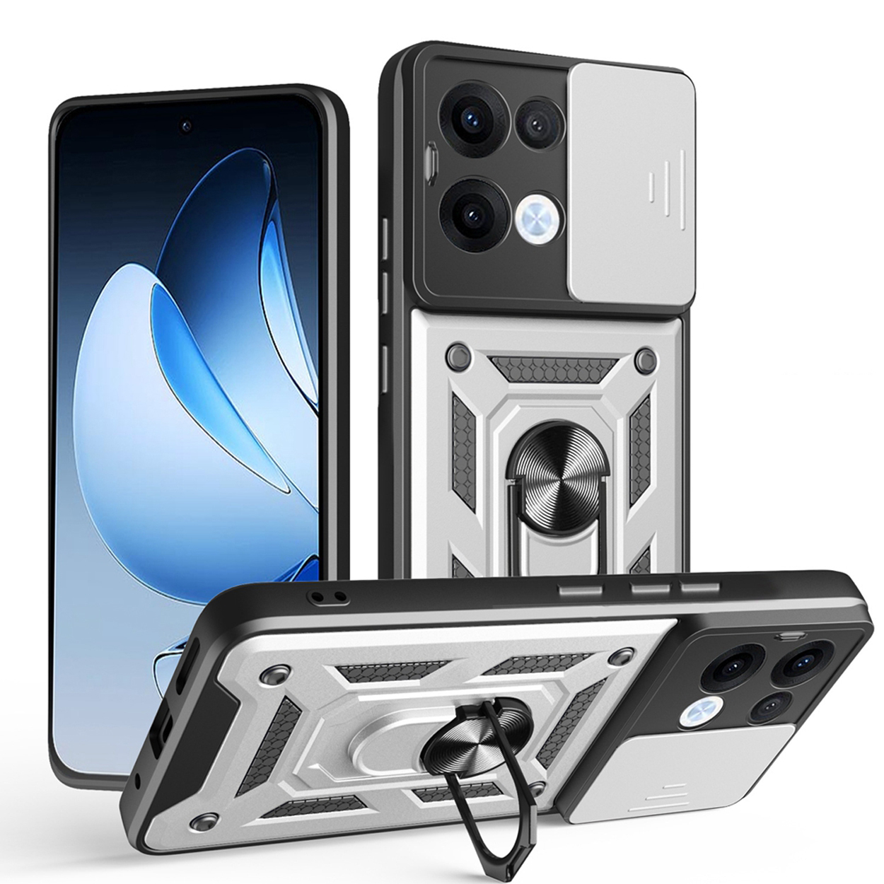 Zilver en zwarte telefoonhoes met ringhouder en telefoon erin, in drie weergaven.