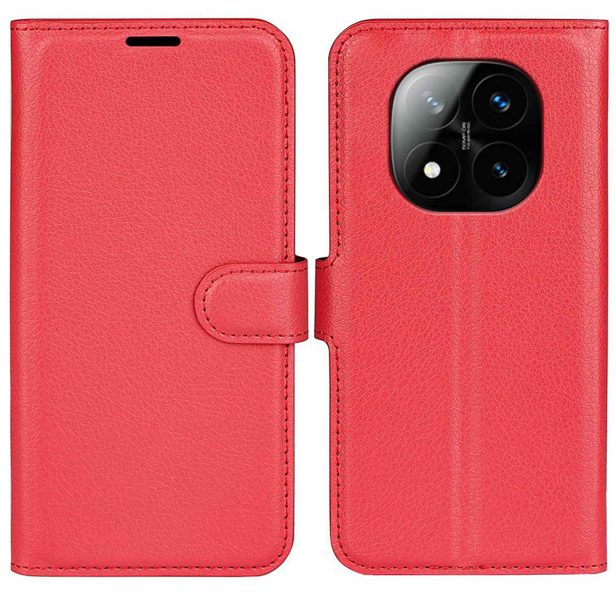 Étui de téléphone rouge, ouvert. Téléphone avec appareil photo visible.