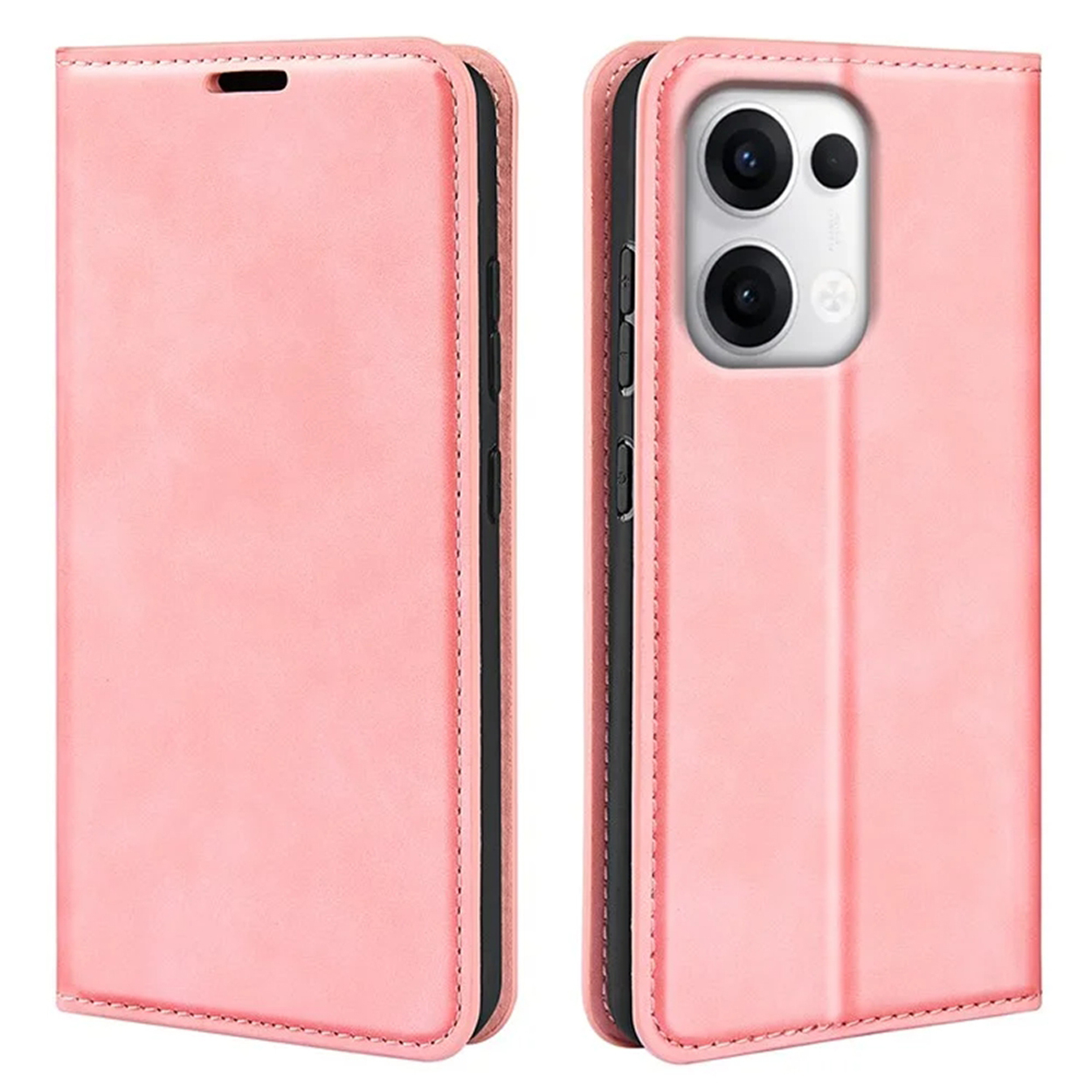 Roze telefoonhoes, open. Telefoon zit erin, met een helder scherm.