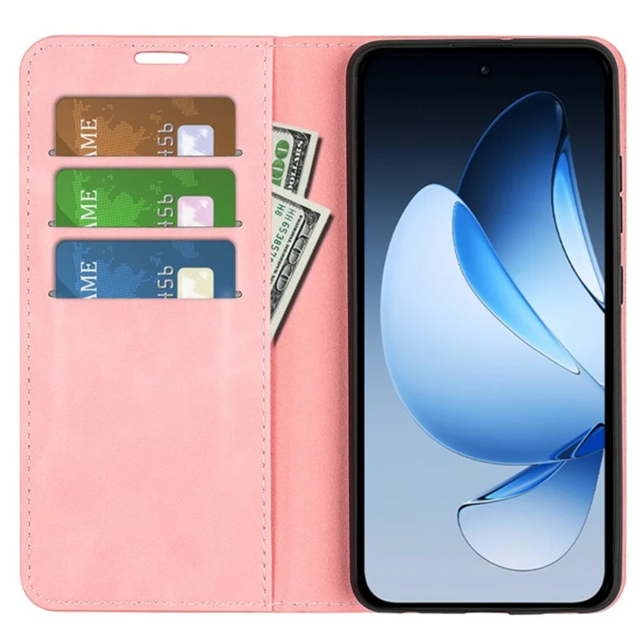 Roze telefoonhoes open met een telefoon, met creditcards en geld in de sleuven.
