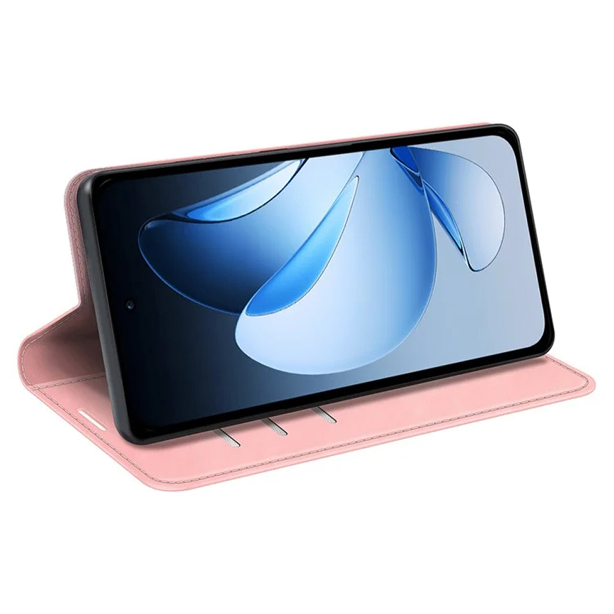 Roze telefoonhoesje met telefoon erin. Scherm toont een blauwe afbeelding.
