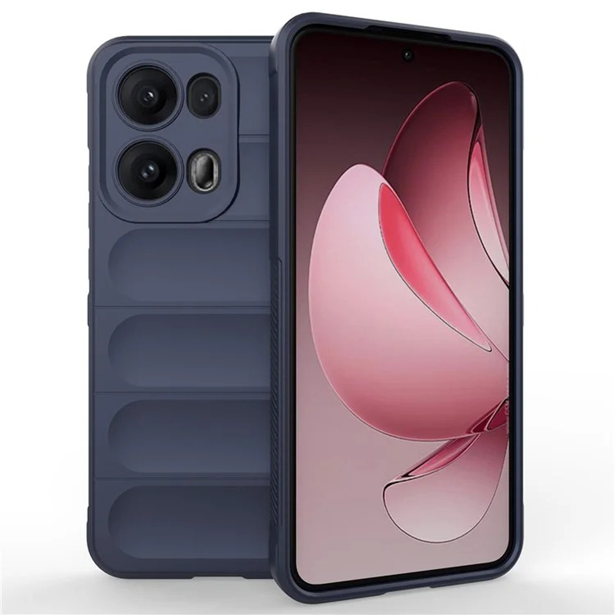 Blauwe telefoonhoes met telefoon erin. Telefoon heeft een multi-camera-opstelling.