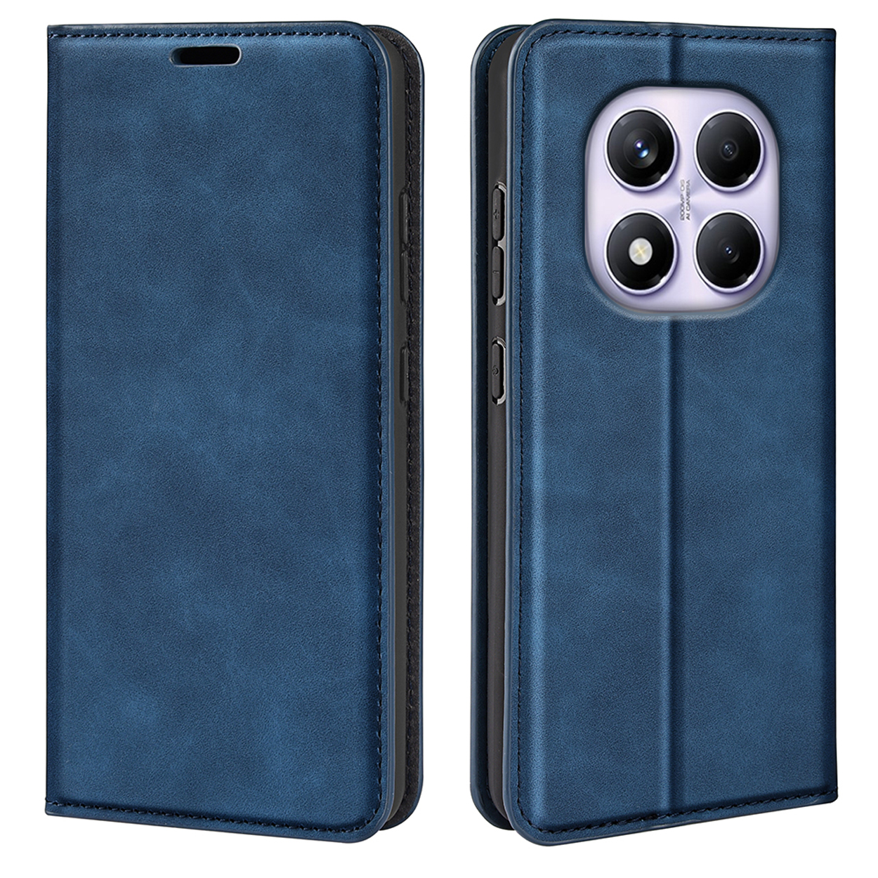 Twee blauwe telefoonhoesjes. Eén open, met de telefoon erin met een multi-camera-opstelling.