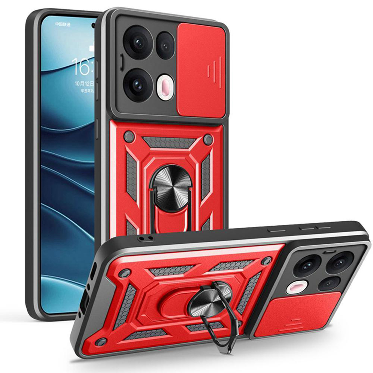 Telefoonhoesjes. Eén toont de telefoon met rode en zwarte bescherming, de andere staat op de standaard.