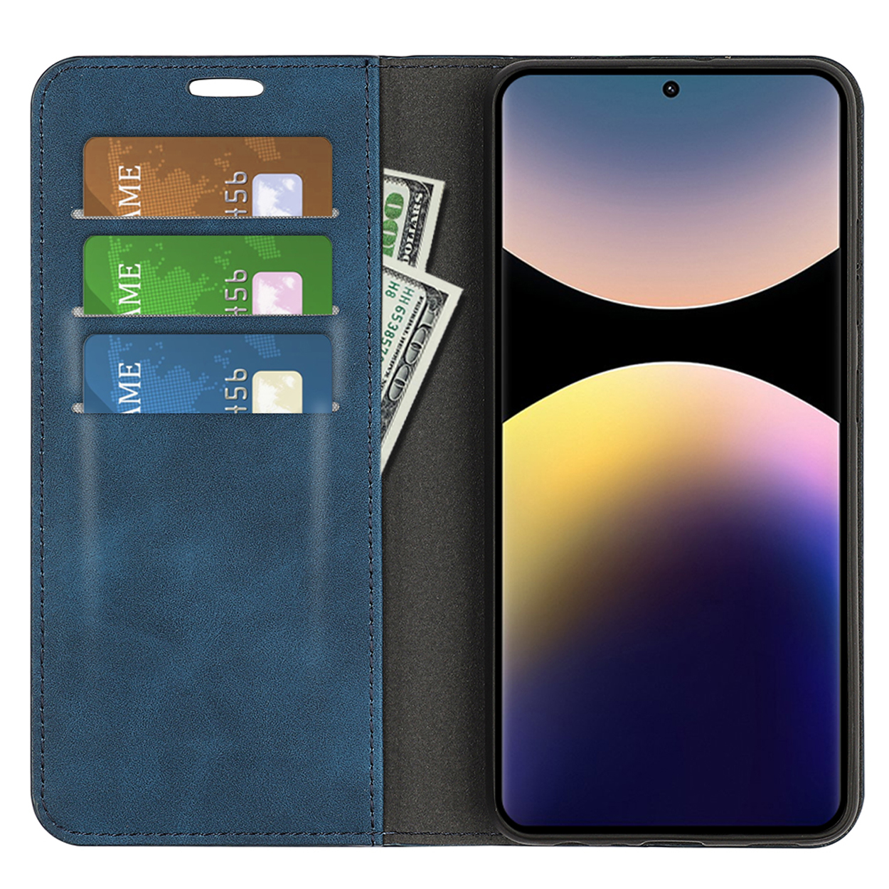 Blauw telefoonhoesje open met telefoon, 3 kaarten en geld. Telefoon toont een zonsondergang.