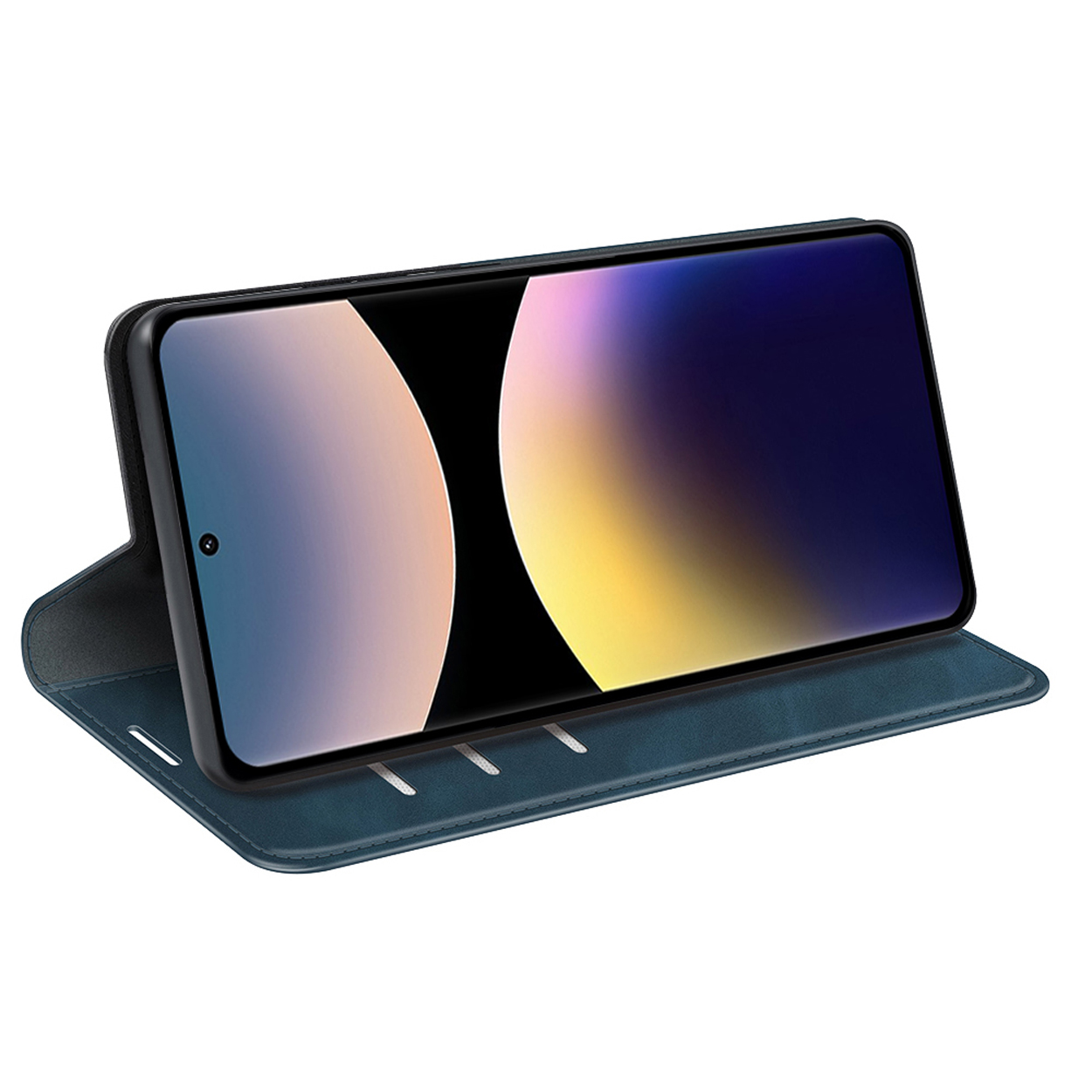 Telefoon in een blauwe hoes. De telefoon staat rechtop. De achtergrond is een lichte gradiënt.