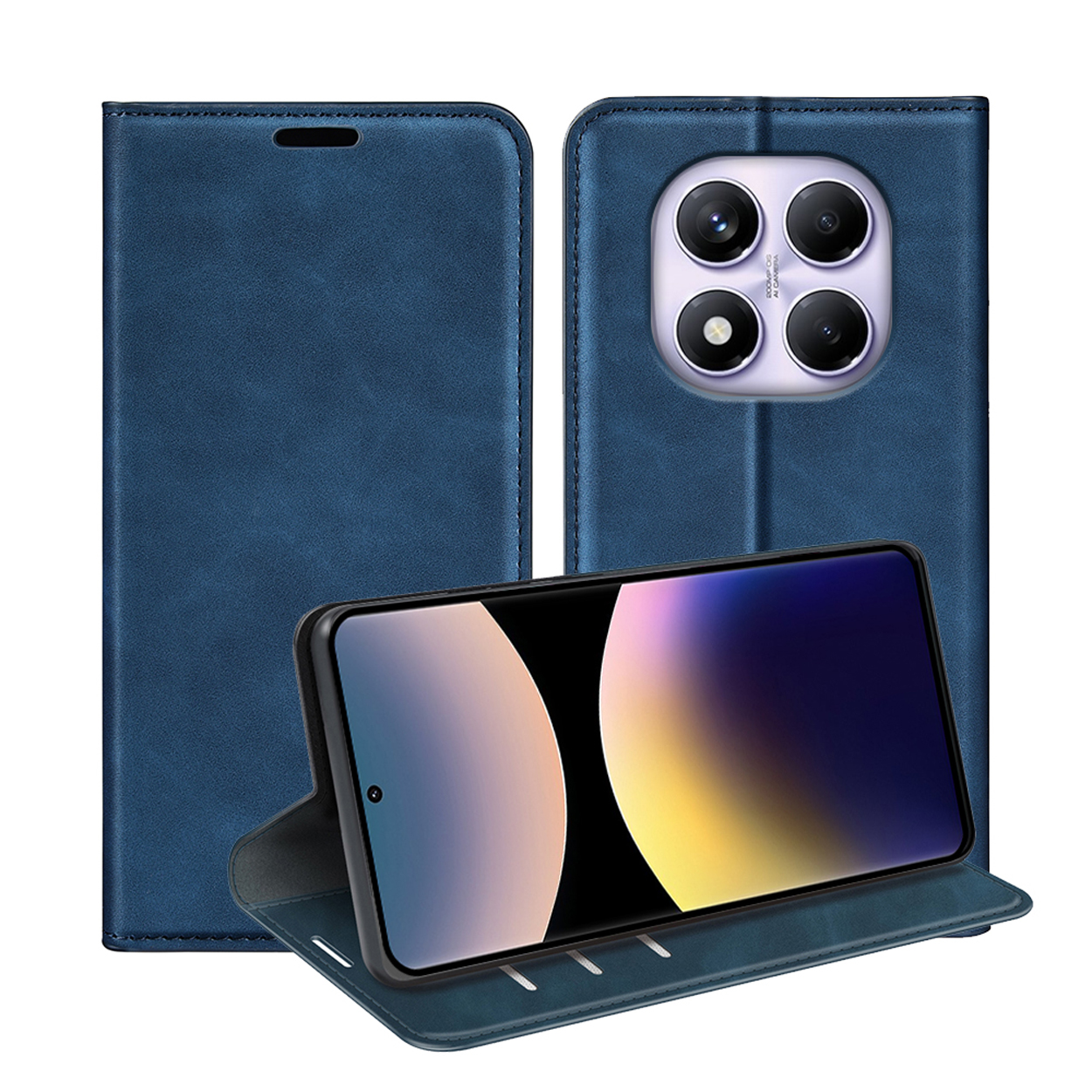 Blauwe telefoonhoes. De telefoon zit in de hoes. De achtergrond is wit.