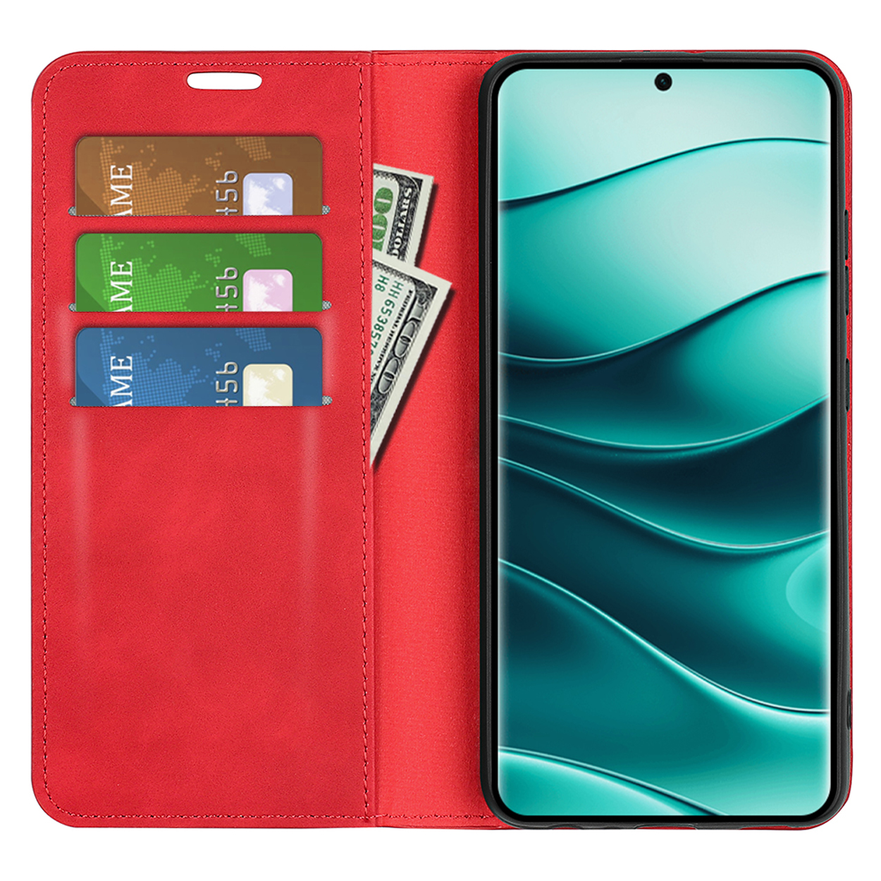 Rode telefoonhoes open. Binnenin creditcards, geld en telefoon. De achtergrond is wit.