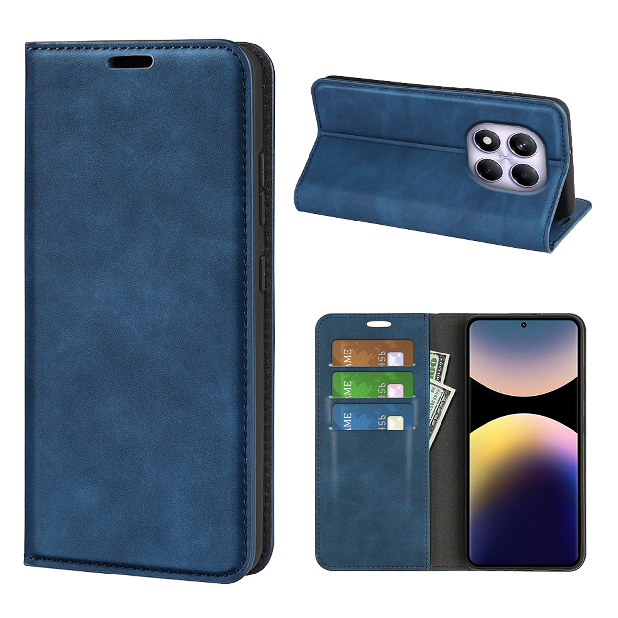 Blauw telefoonhoesje open met telefoon, 3 kaarten en geld.