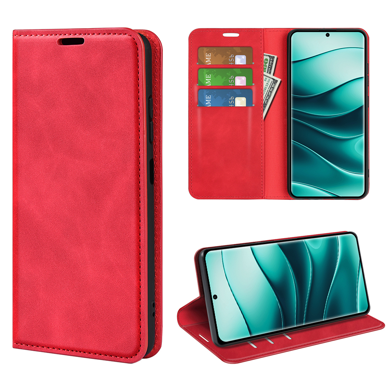 Rode telefoonhoes open met telefoon, 3 kaarten en geld. Telefoon staat in standpositie.