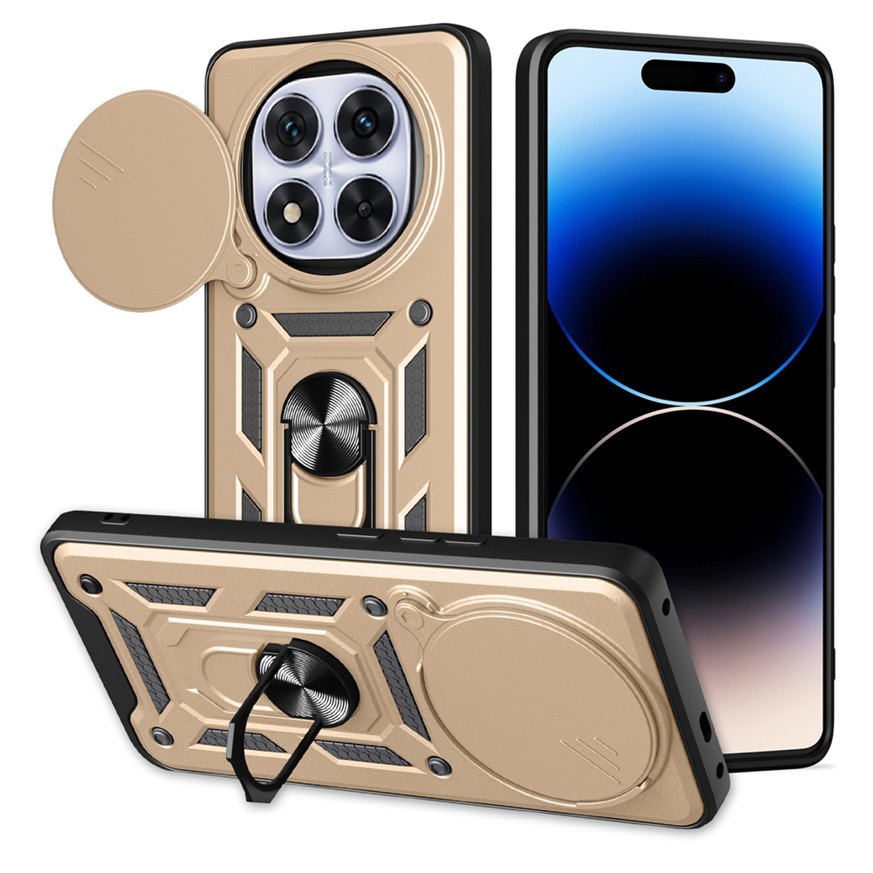 Gouden telefoonhoesje met ringhouder, schuifbare cameralensafdekking en telefoonscherm. Het hoesje heeft een robuust ontwerp.