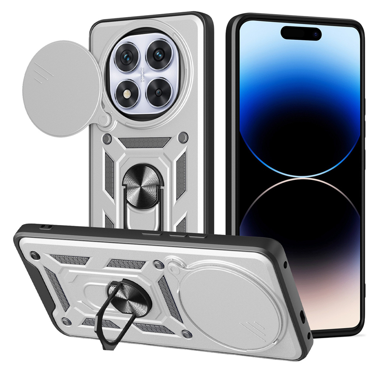 Zilveren telefoonhoesje met ringhouder, schuifbare cameralensafdekking en telefoonscherm. Robuust ontwerp.