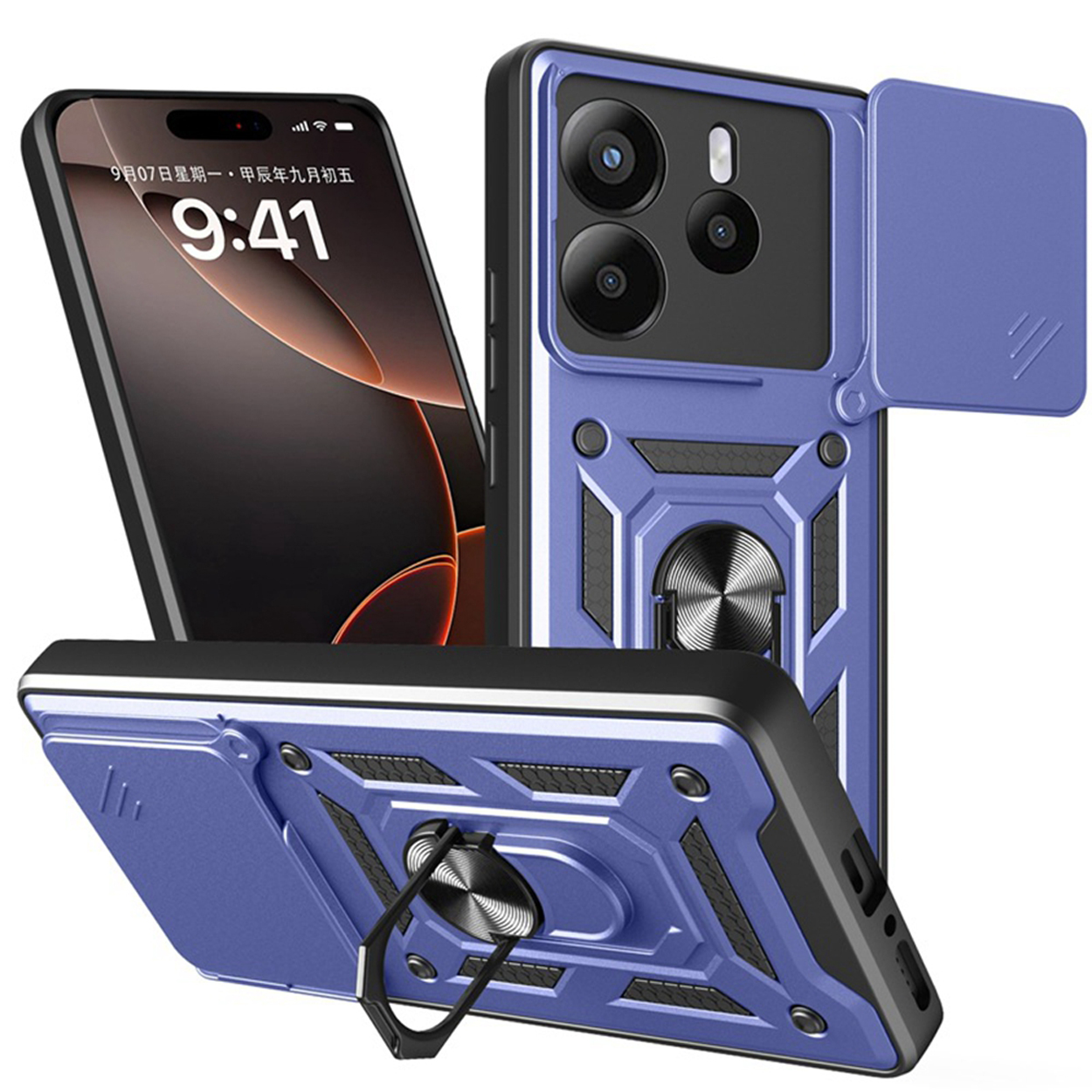 Blauw telefoonhoesje met ringhouder en schuifbare cameralensafdekking. Telefoonscherm zichtbaar, toont tijd en datum.