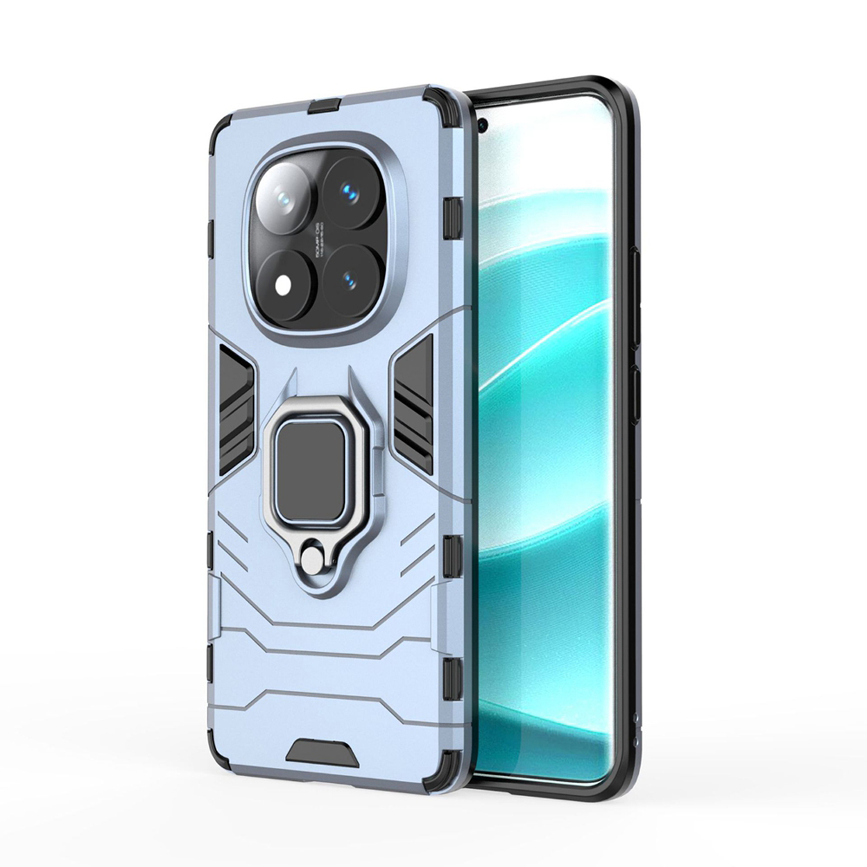 Blaue Handyhülle mit silbernem Ringhalter, zeigt ein Telefon mit mehreren Linsen.