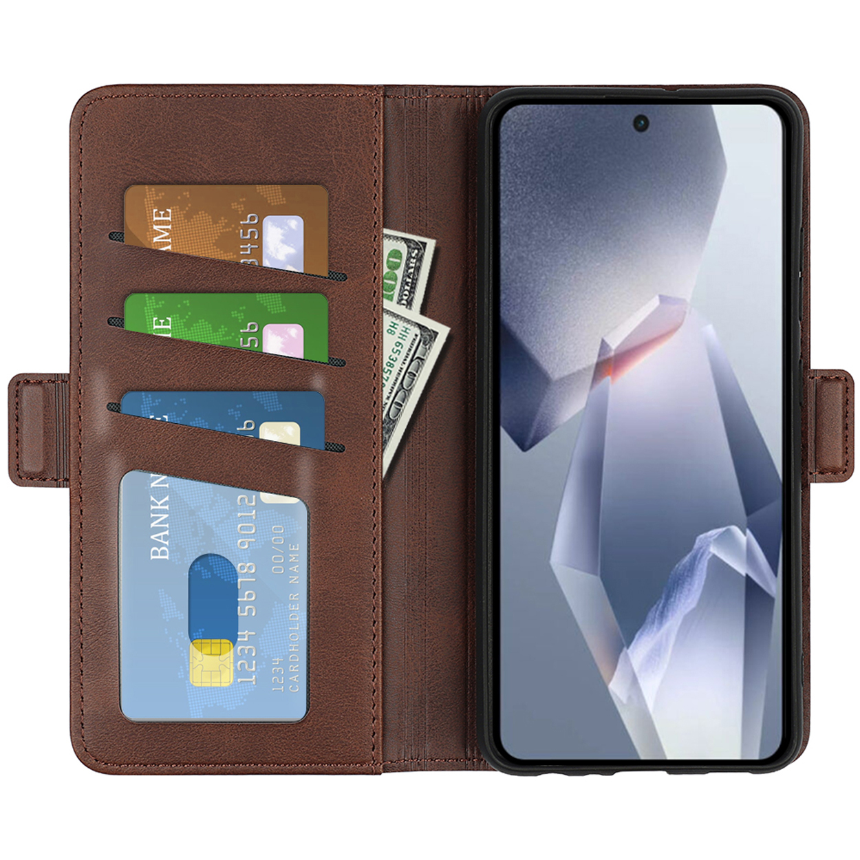 Bruin leren telefoonhoesje met kaartsleuven en geldvak, open om een scherm met ontwerp te tonen.