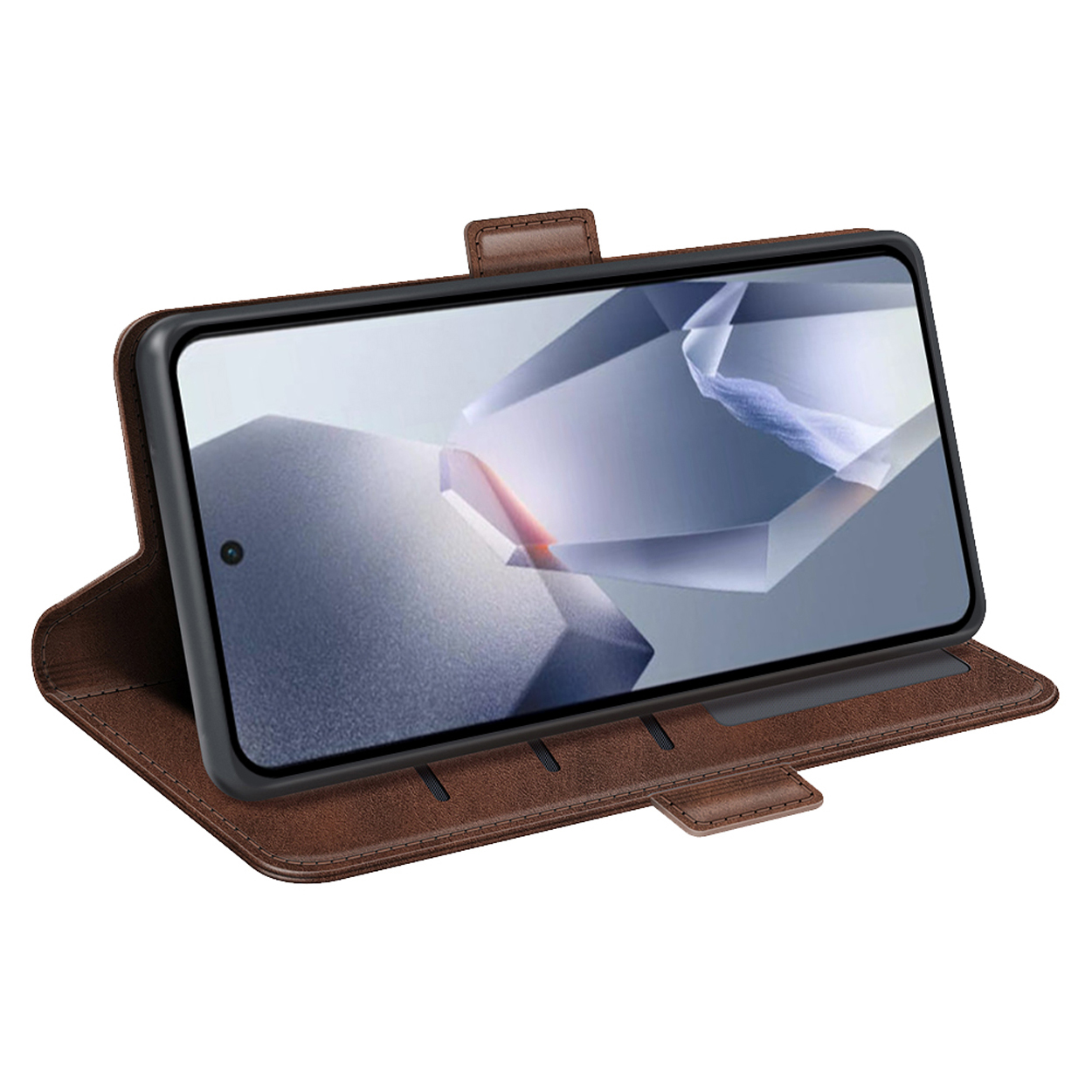 Bruine telefoonhoes open, toont een telefoon die een abstracte afbeelding weergeeft.