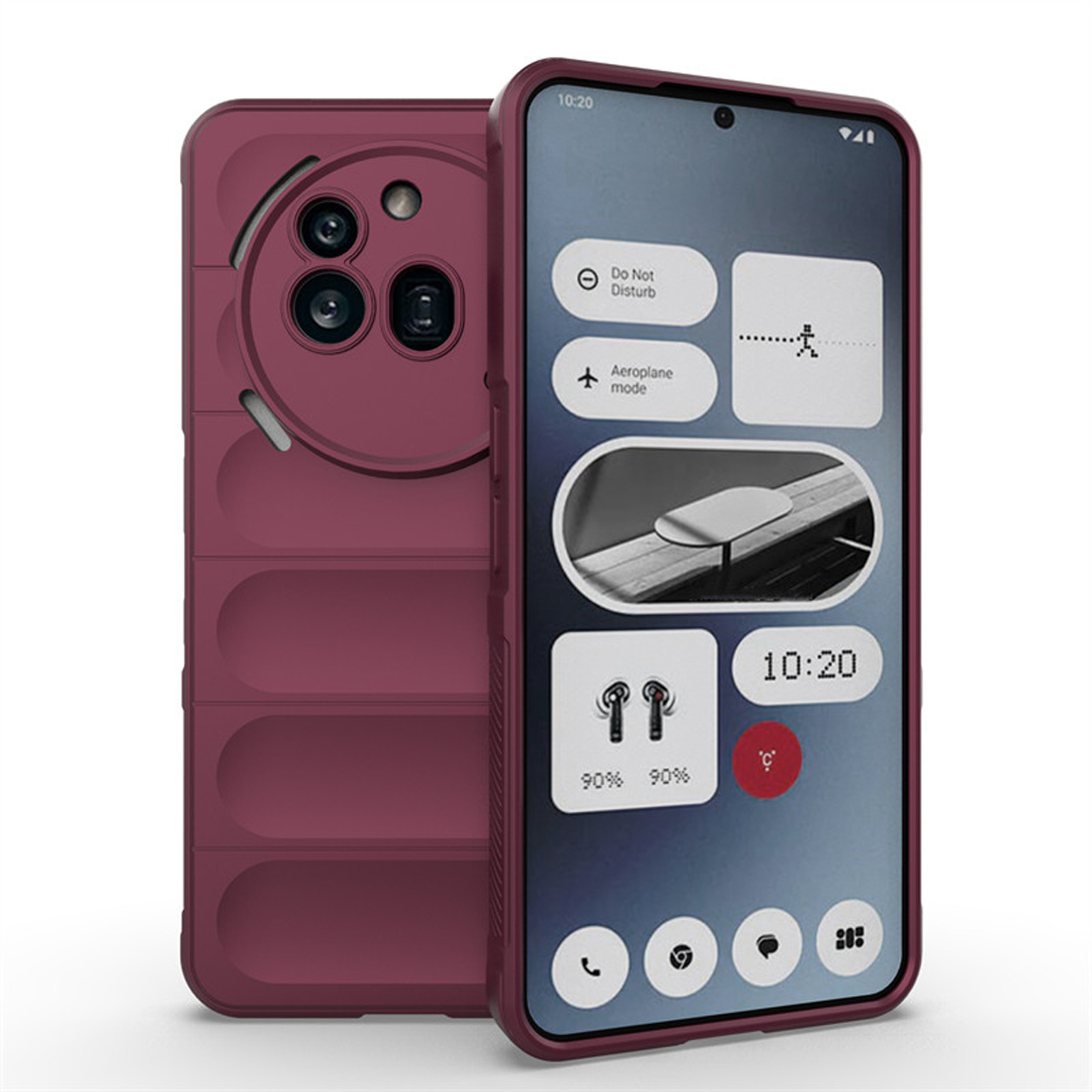 Bourgondisch telefoonhoesje met geribbeld ontwerp, met een telefoon die iconen toont. Het hoesje ligt naast een telefoon.
