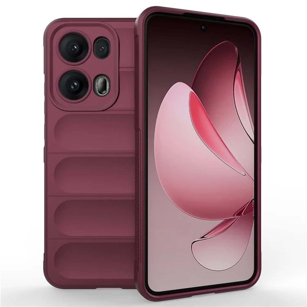 Bourgondisch telefoonhoesje met geribbeld ontwerp, toont een telefoonscherm. Het hoesje ligt naast een telefoon.