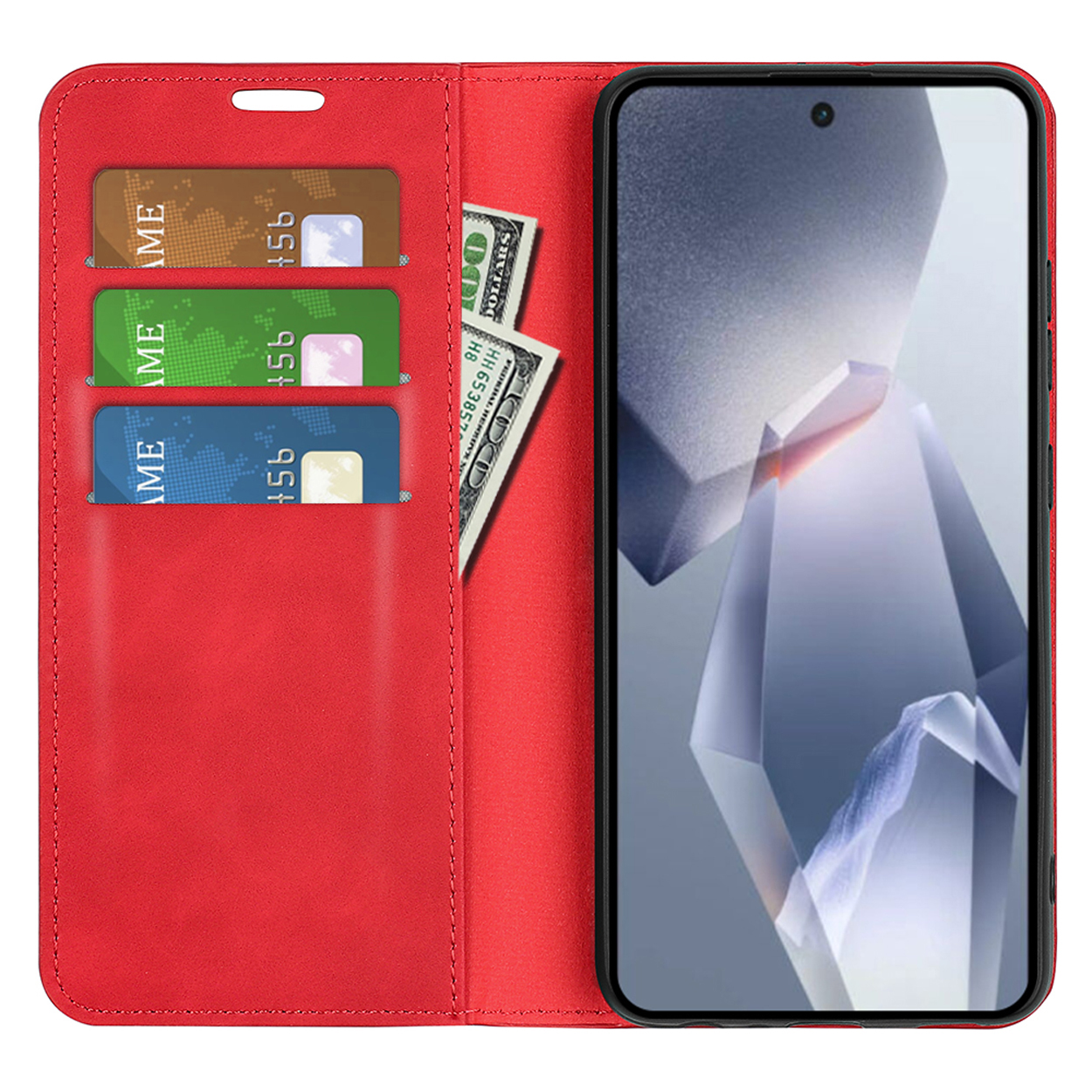 Rood telefoonhoesje open, met kaarten en geld. Telefoonscherm zichtbaar, toont een kristalachtig ontwerp.