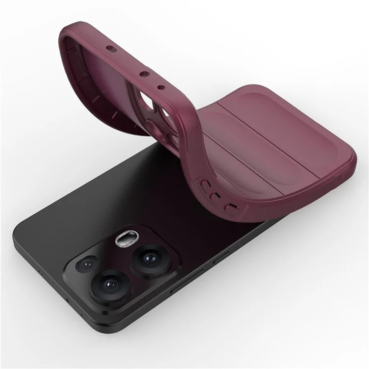Bourgondisch telefoonhoesje met ribbels, en een telefoon. Het hoesje is flexibel en kan worden gebogen.