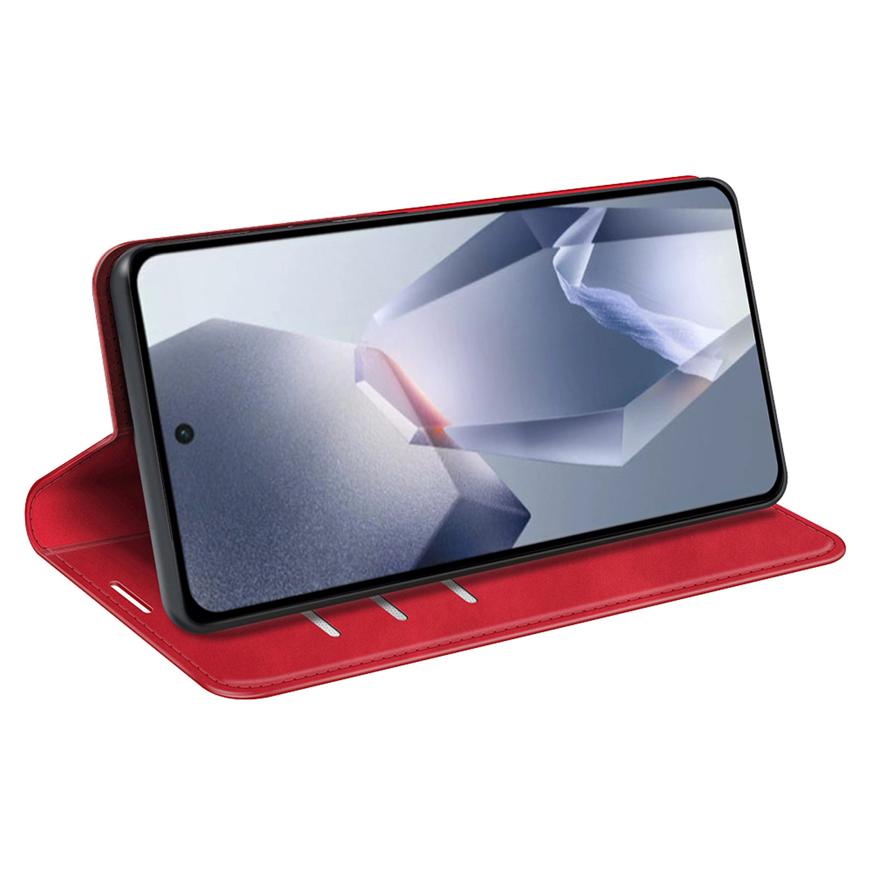 Rode telefoonhoes open, toont een telefoon die een abstracte afbeelding weergeeft.