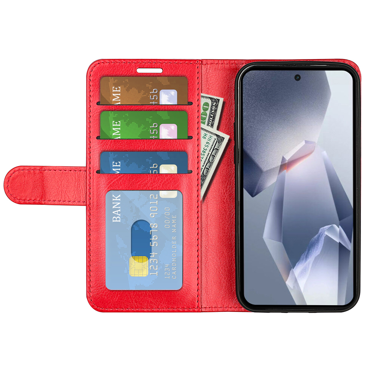 Rood telefoonhoesje open, met kaarten en geld. Telefoonscherm toont een kristalachtig ontwerp.