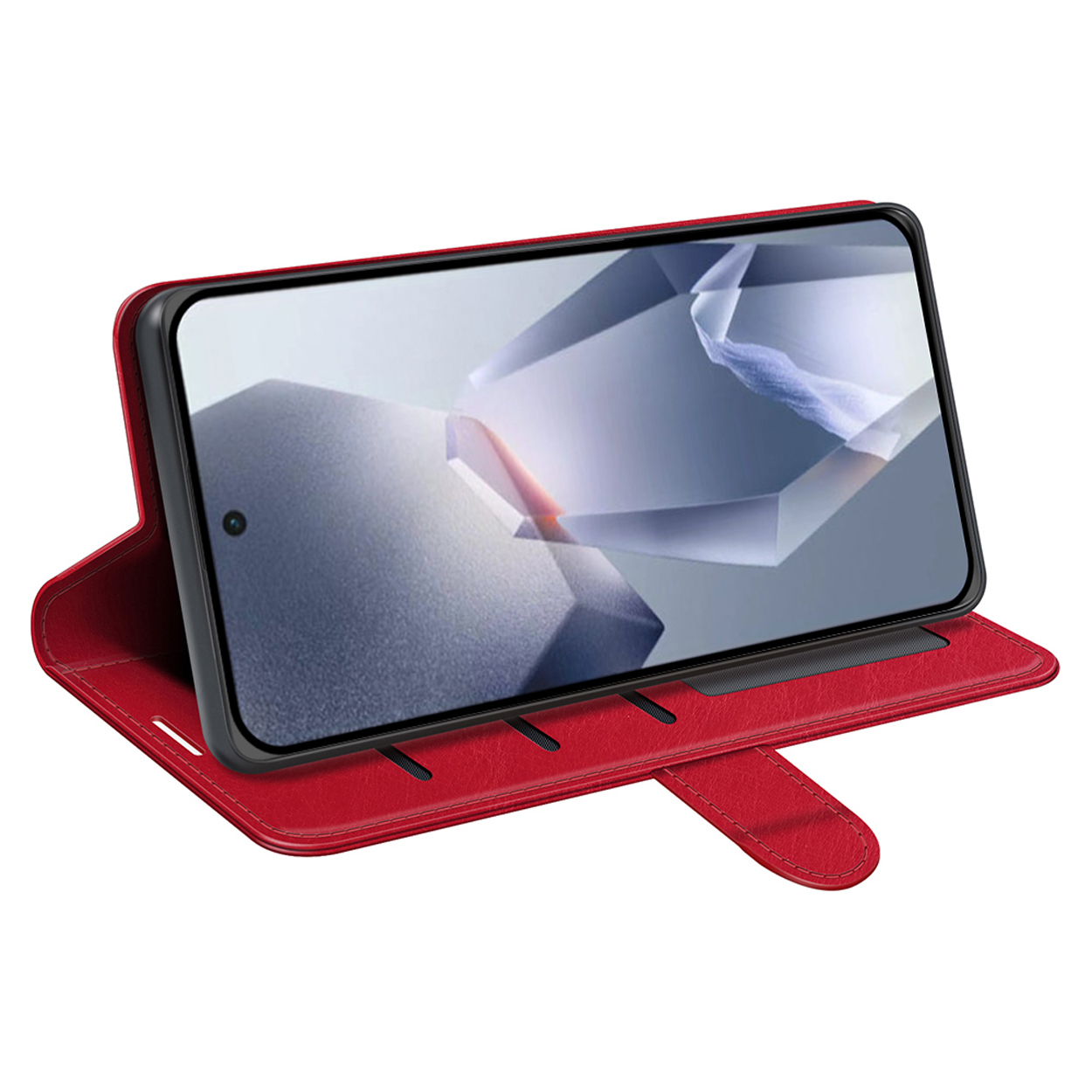 Rode telefoonhoes in portemonnee-stijl. Telefoon zit in de hoes, scherm zichtbaar, omhoog gekanteld.