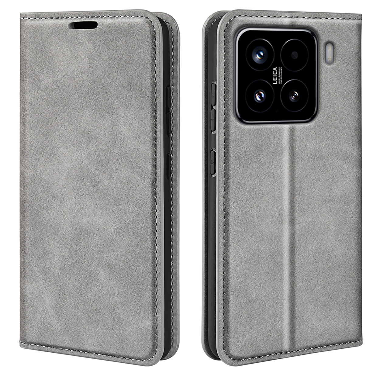 Étui de téléphone en cuir gris, ouvert et fermé. Montre une configuration de caméra Leica.