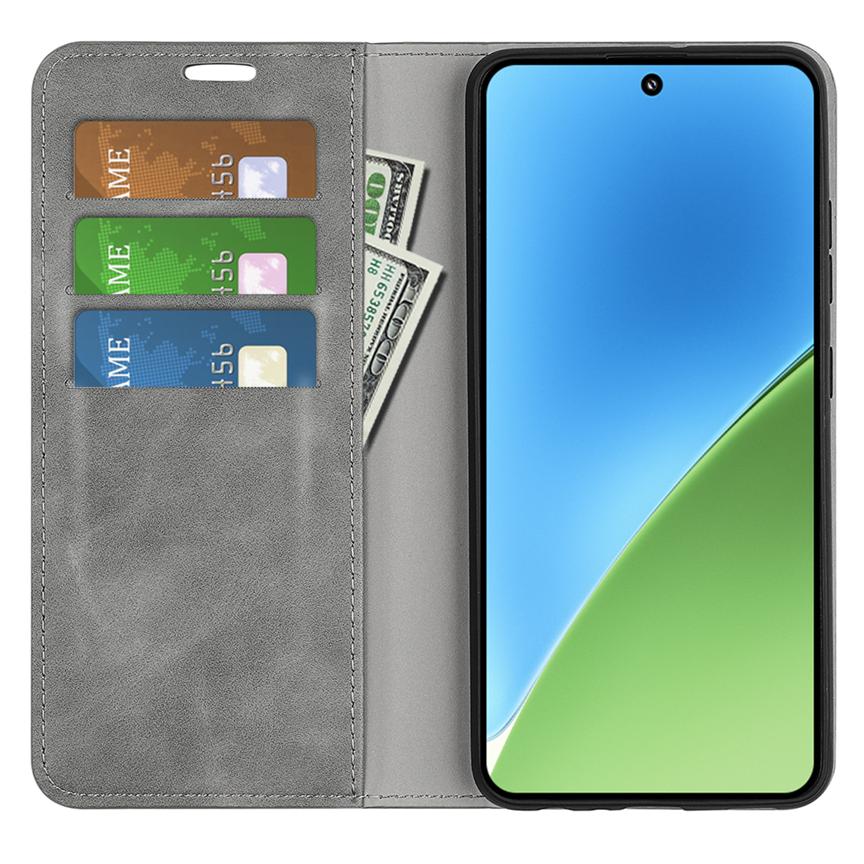 Coque grise ouverte, affichant cartes et argent. Écran avec dégradé bleu et vert.