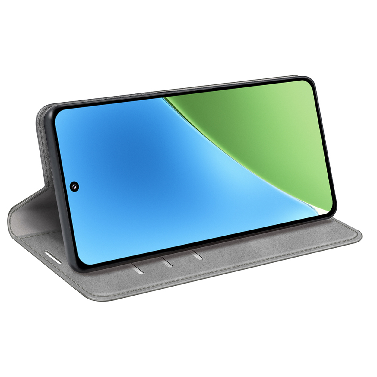 Étui de téléphone gris style portefeuille. Le téléphone est dans l'étui, écran visible, incliné vers le haut.