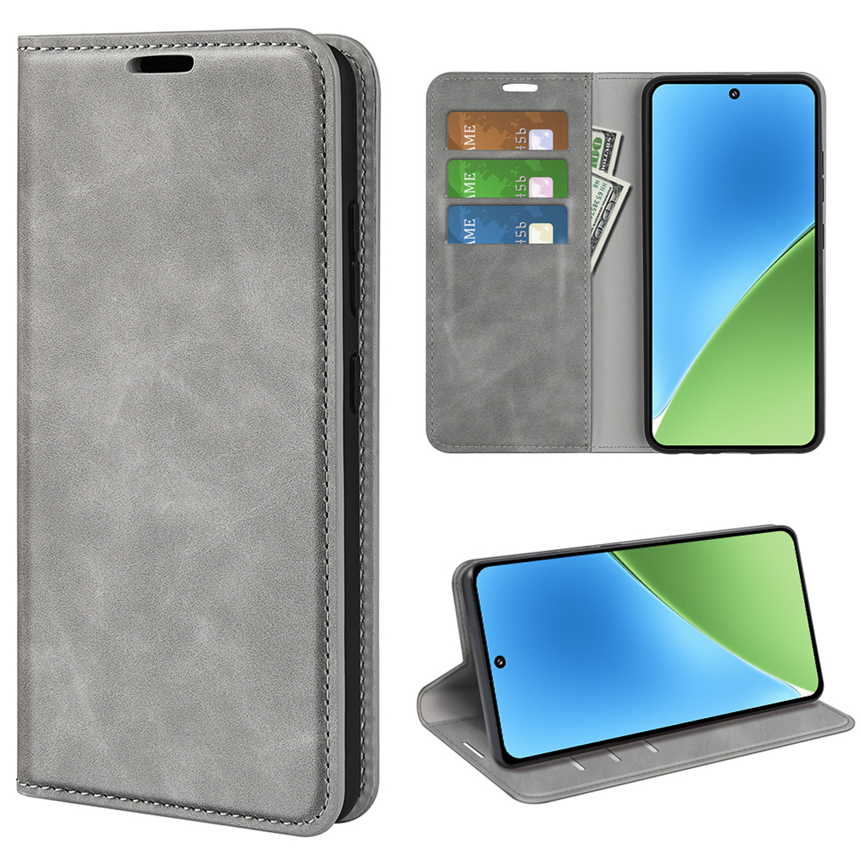 Étui de téléphone gris style portefeuille. À l'intérieur, cartes et argent. Le téléphone affiche un dégradé bleu-vert.