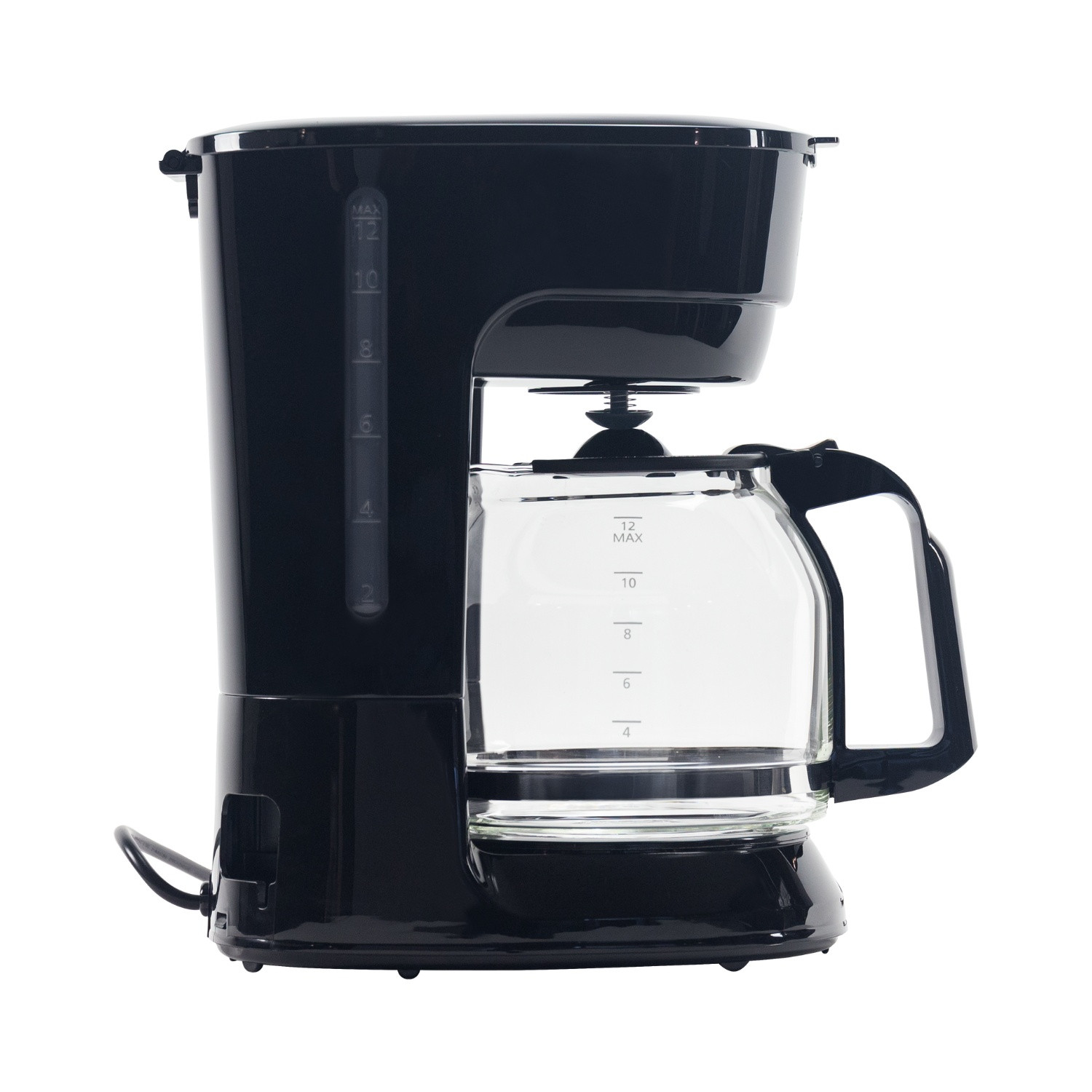 Cafetera negra, con jarra de vidrio e indicadores de nivel de agua.