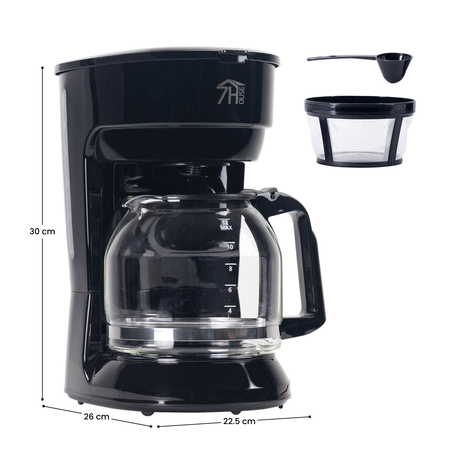 Cafetera negra con medidas, filtro y cuchara.