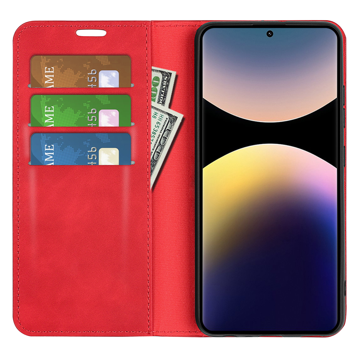 Rode telefoonhoes met telefoon, kaarten en geld, met een zwarte houder.