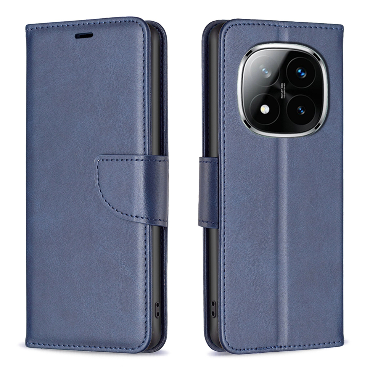 Blauwe telefoonhoes, gesloten en open, toont camera en scherm van de telefoon.