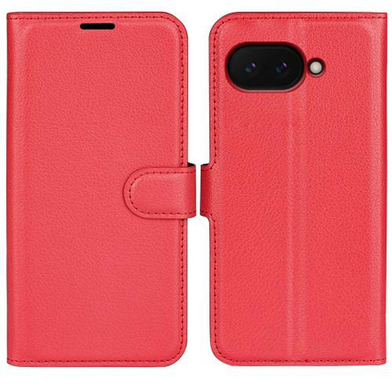Étui de téléphone rouge, fermé. Avant et arrière montrés. Fermoir à bouton à l'avant.