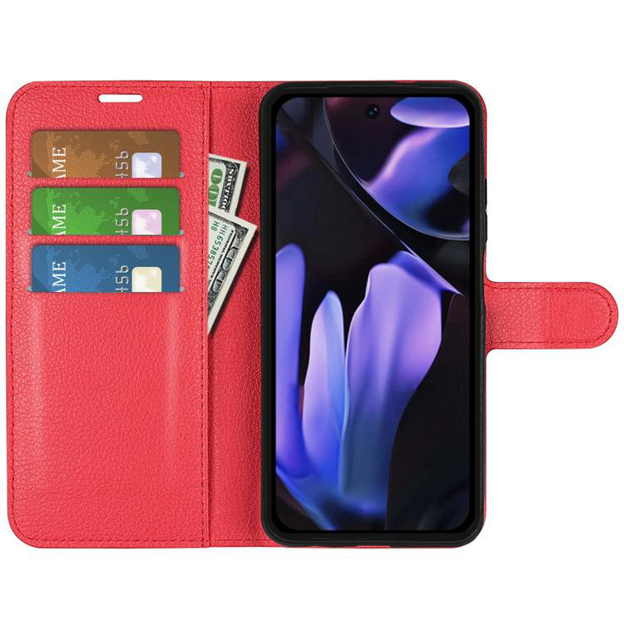 Étui de téléphone rouge ouvert avec téléphone, cartes et argent liquide visibles.