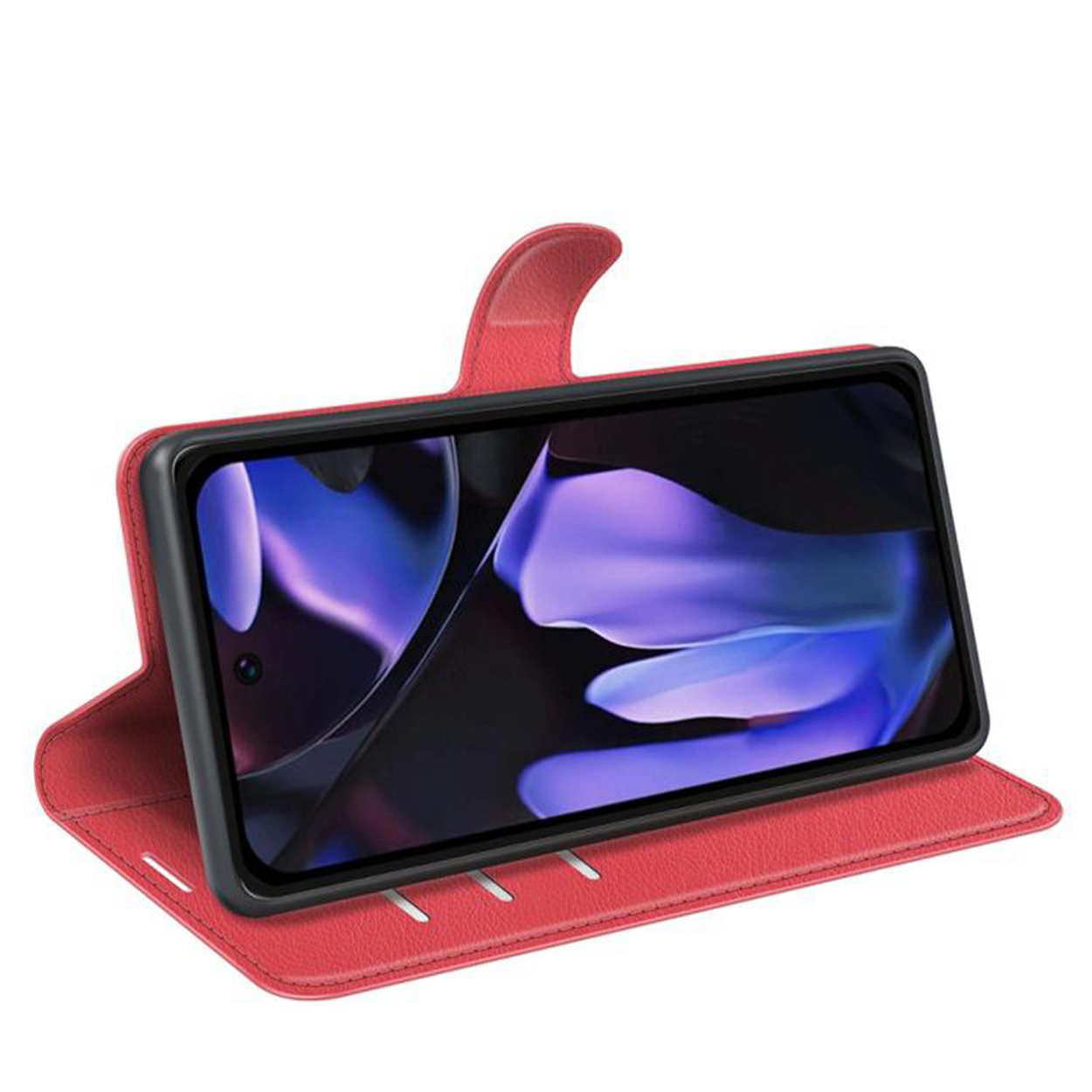Étui rouge avec téléphone dedans, écran visible. Étui ouvert, incliné pour la vue.