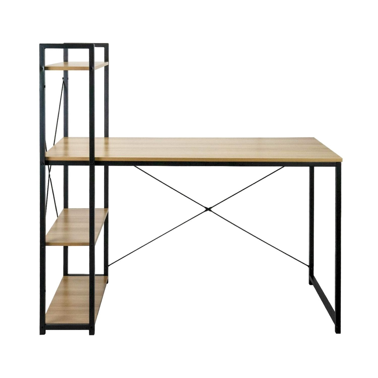 Escritorio de madera con marco de metal negro y estantería. Fondo blanco.