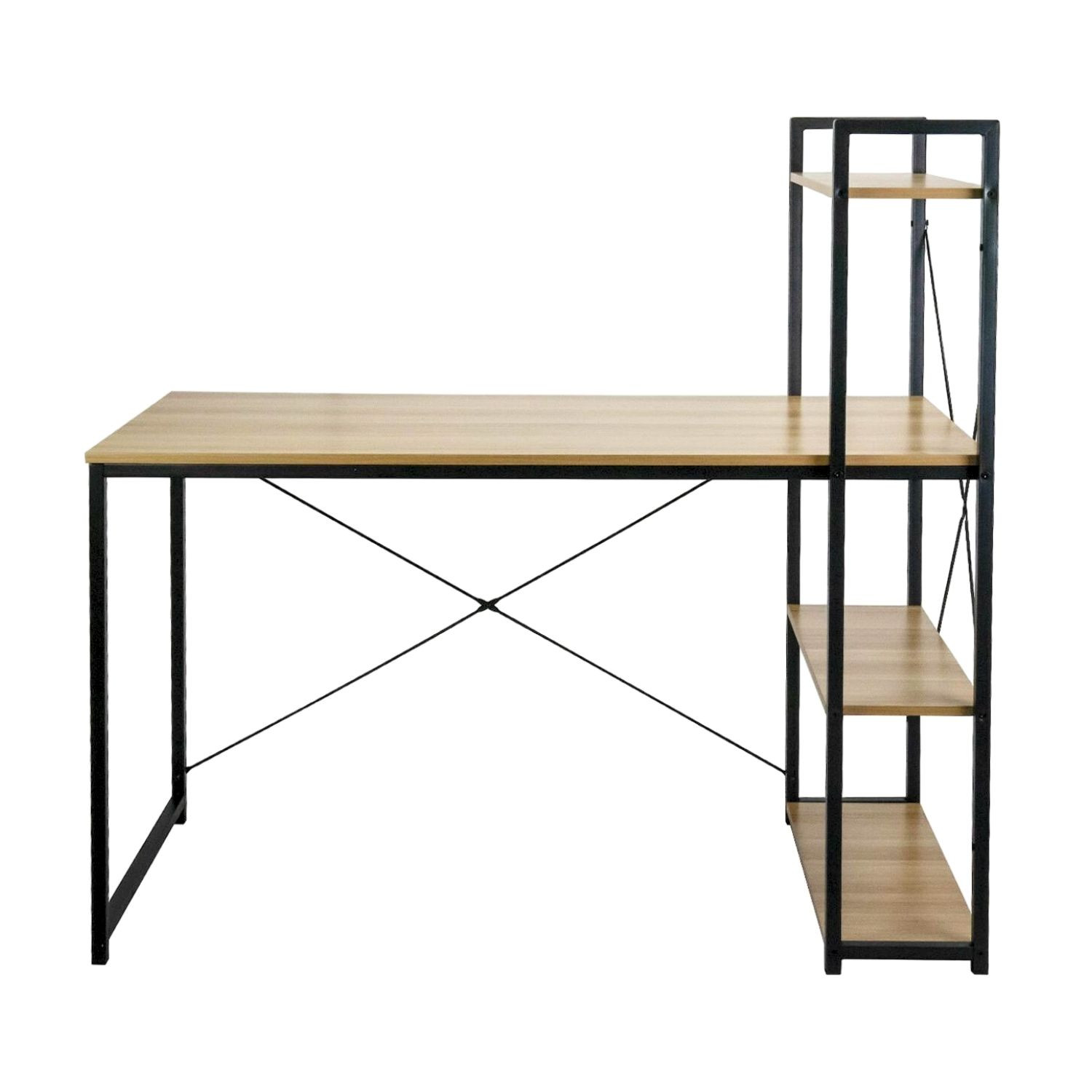 Escritorio de madera con marco y estantes negros. Fondo blanco, vista lateral.