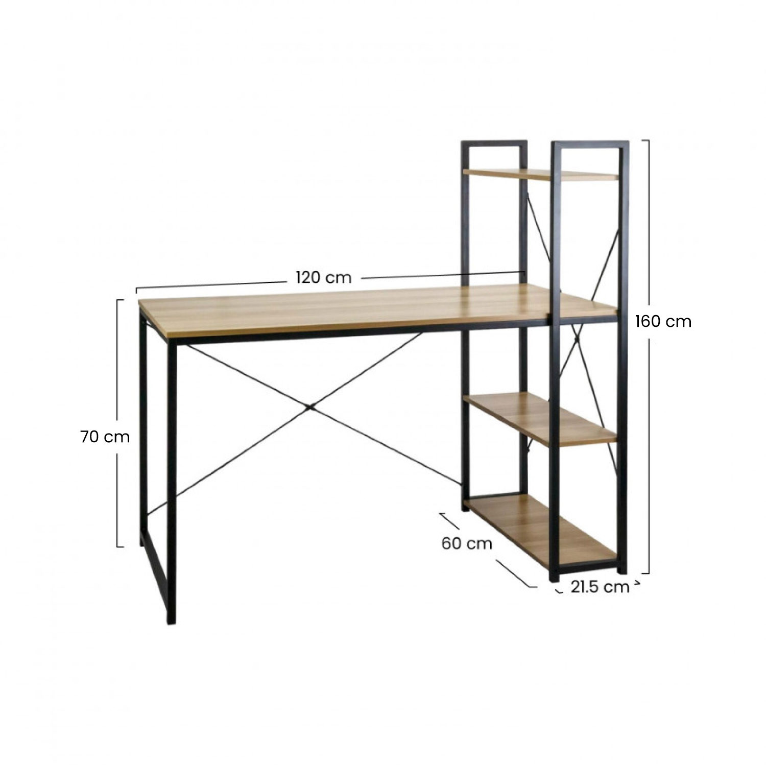 Escritorio con estantería, dimensiones 120cm, 70cm y 160cm. Fondo blanco.