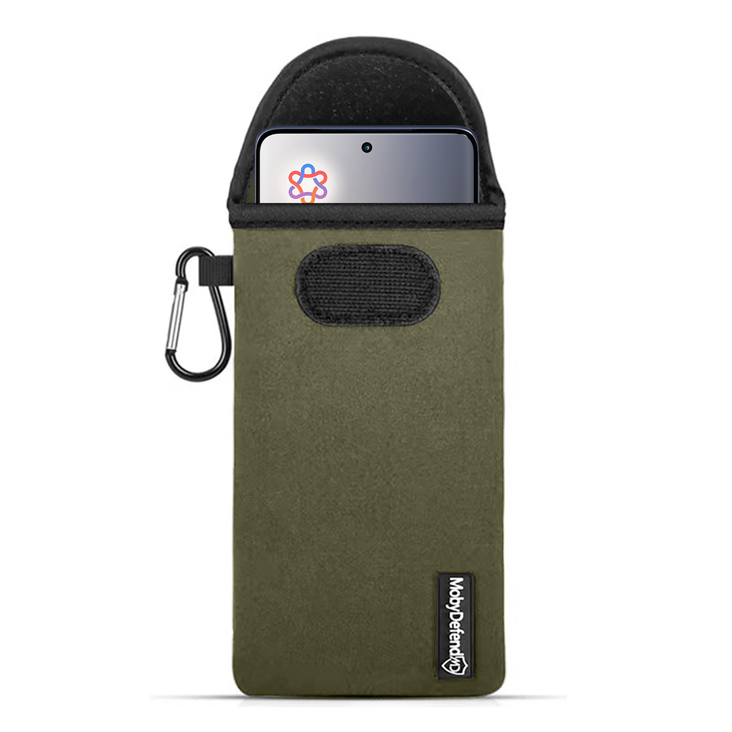 Housse de téléphone verte avec un téléphone à l'intérieur, mousqueton attaché.