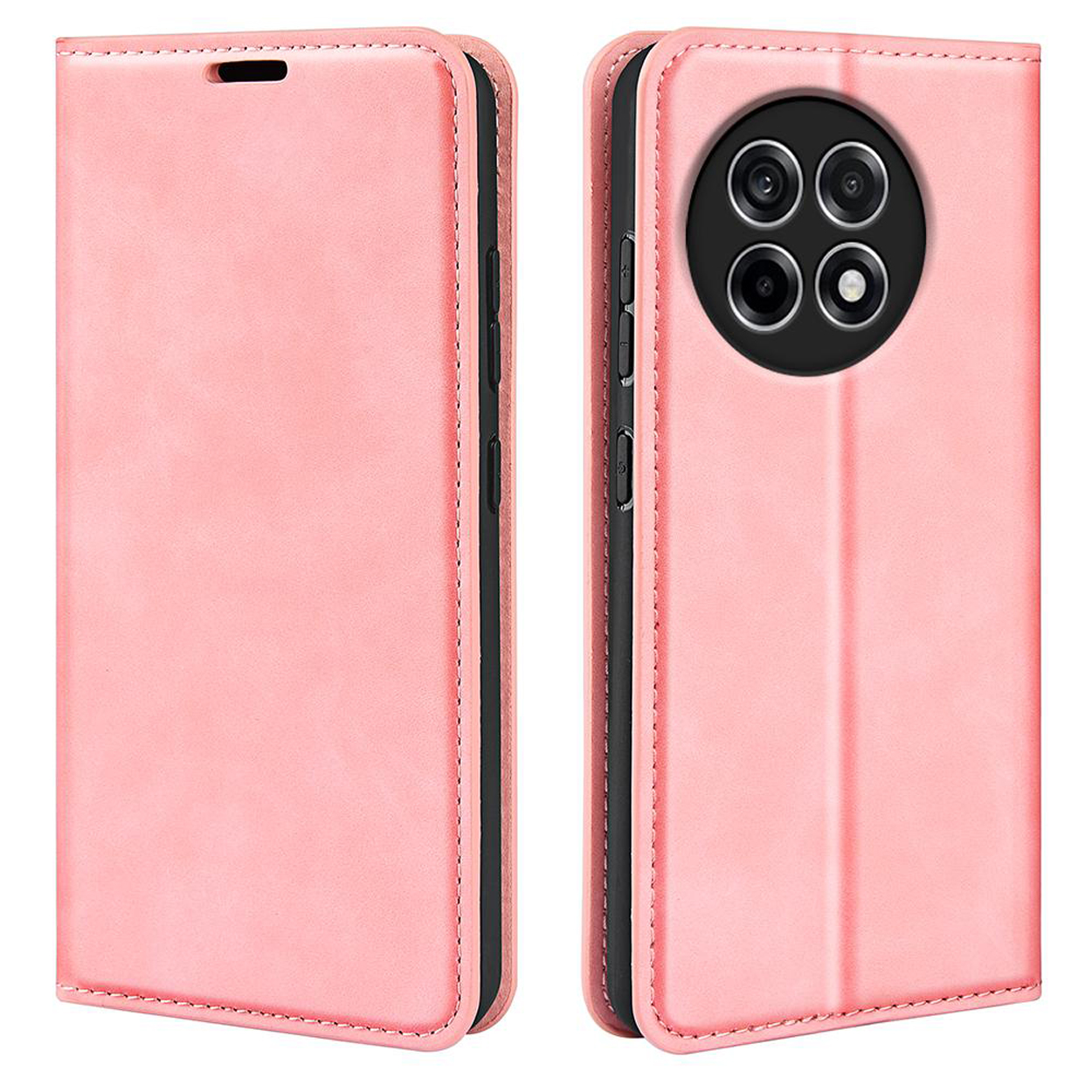 Roze telefoonhoesje, gesloten en open, met de telefoon en kaartsleuven.