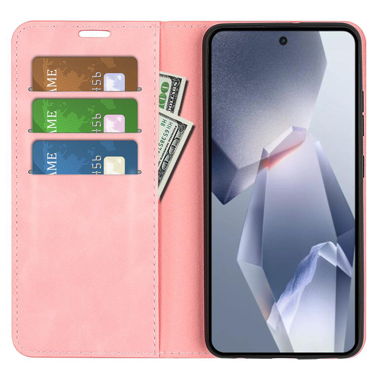 Roze telefoonhoes open, met kaarten en contant geld. Het telefoonscherm zichtbaar.