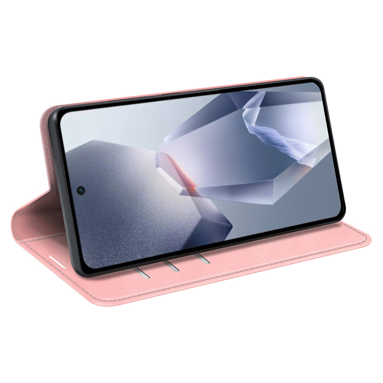 Roze telefoonhoesje open met telefoon erin, toont het scherm.