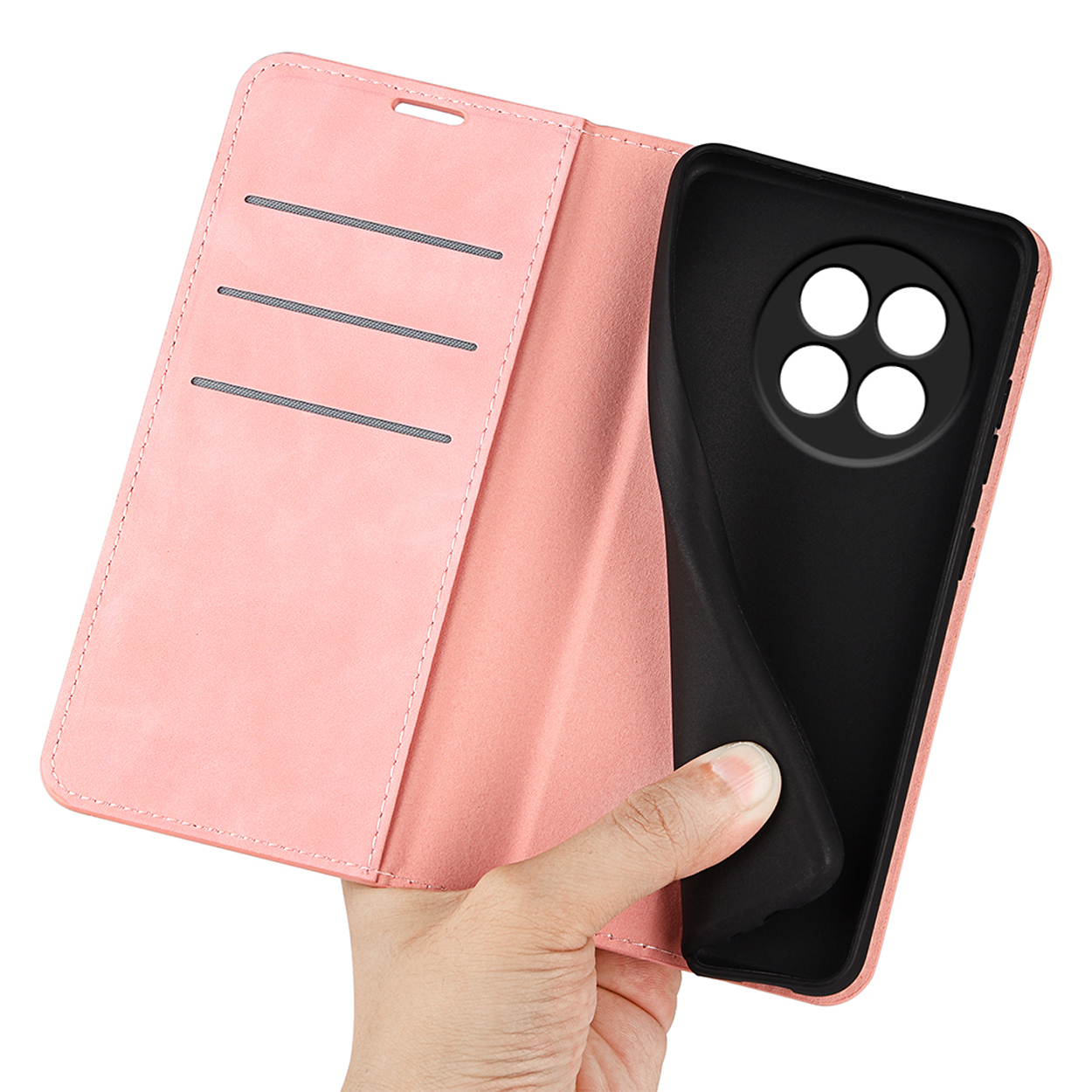 Roze telefoonhoes open, een hand houdt de houder vast. De telefoon zit er niet in.