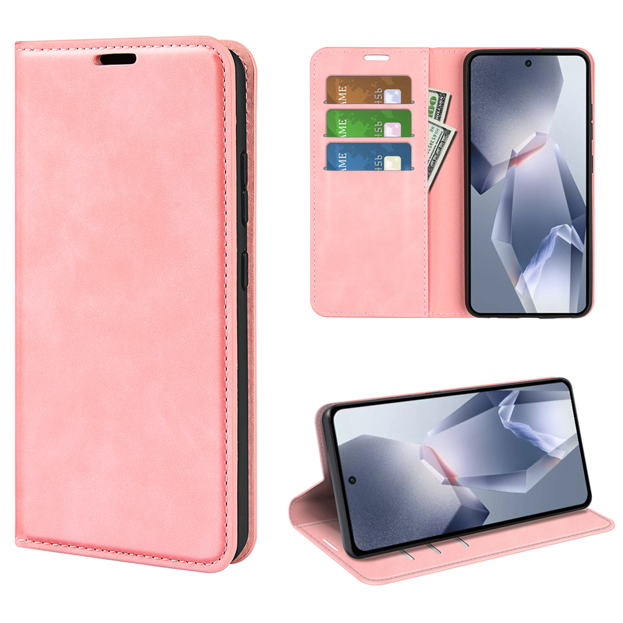 Roze telefoonhoesje gesloten en open, met de telefoon, kaarten en geld.