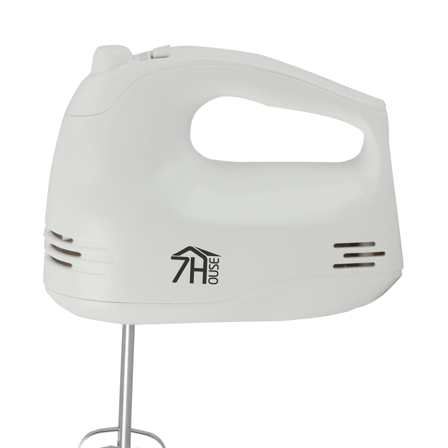 Batidora de mano blanca con el logo de la marca 7H OUSE, con un batidor de metal.