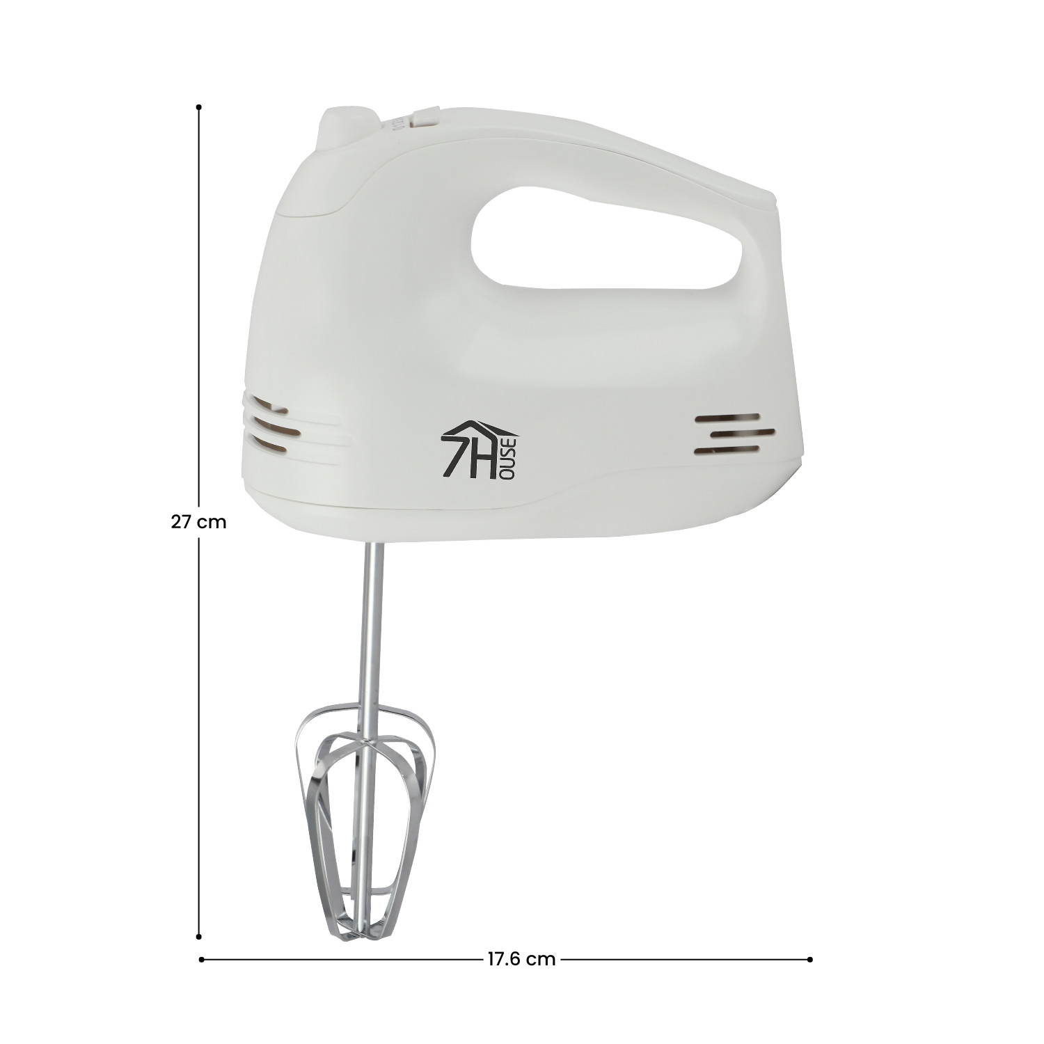 Batidora de mano blanca con dimensiones. Medidas de largo y altura visibles.