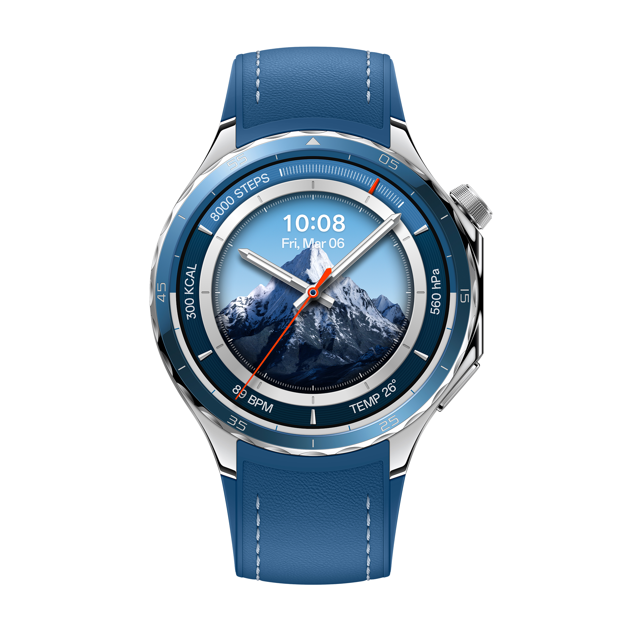 Smartwatch con correa azul, mostrando una escena de montaña en la pantalla. Bisel plateado.